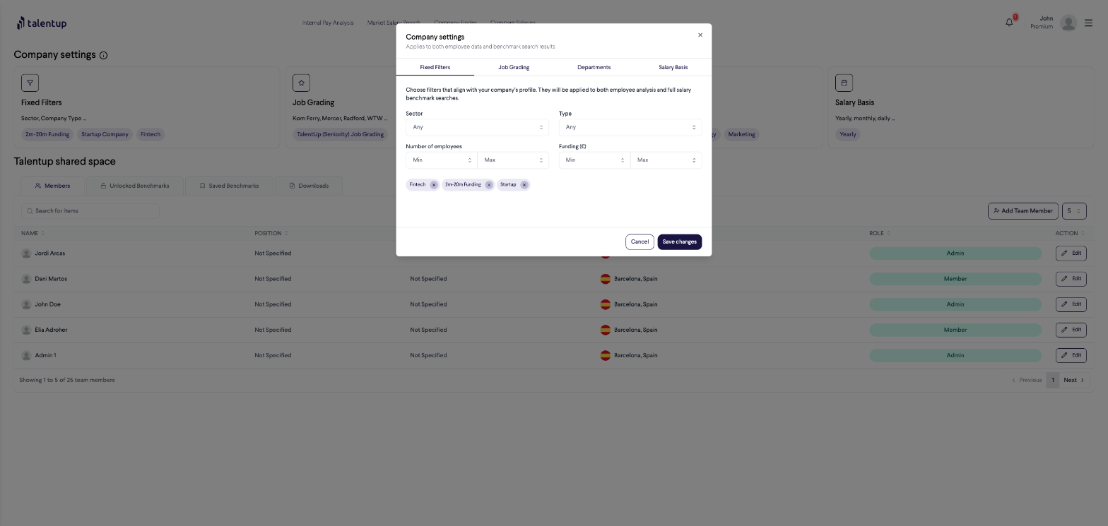 Company Settings modal showing the Fixed Filters tab with fields for Sector, Type, Number of Employees, and Funding, with active filter tags like Fintech, 2m-20m Funding, and Startup