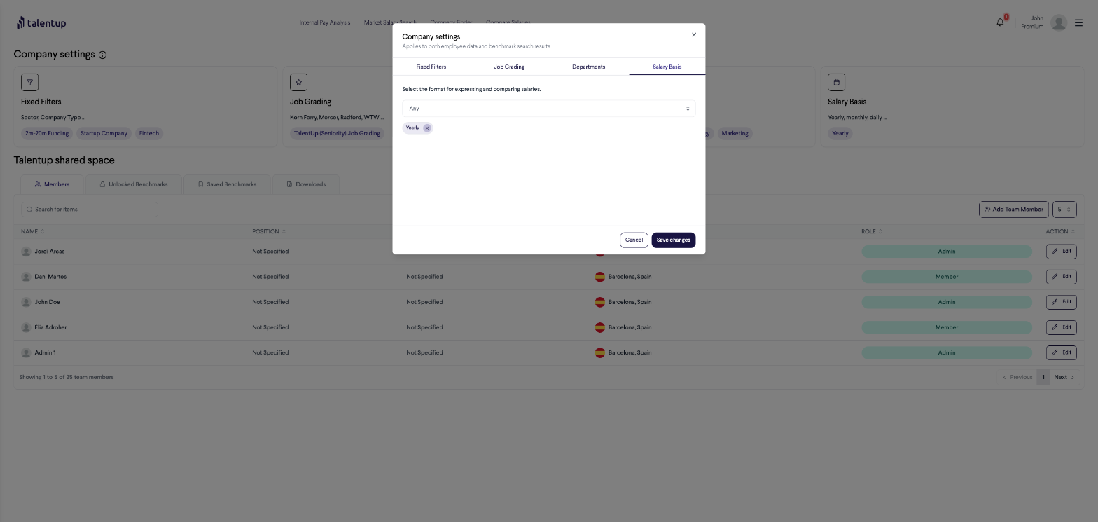 Company Settings modal showing the Salary Basis tab with a dropdown to select the salary expression format and Yearly currently selected